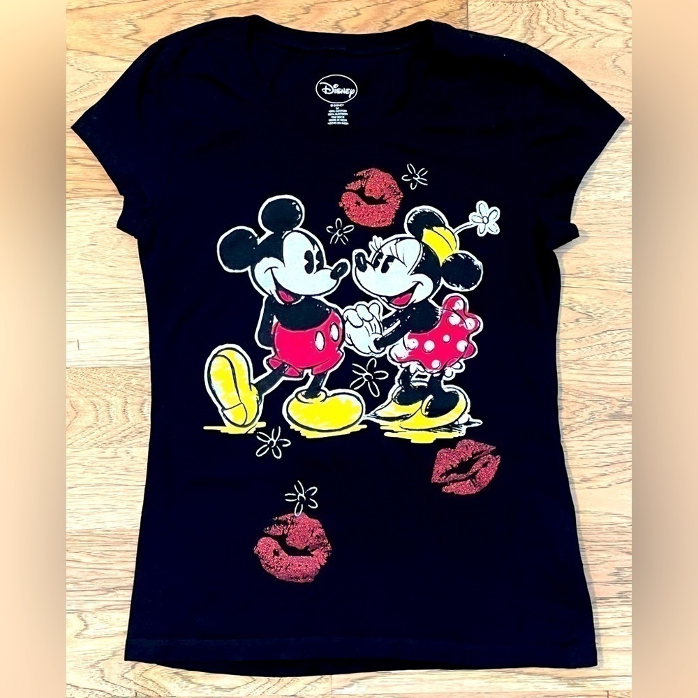 DISNEY Mickey & Minnie Mouse Glitter Kisses Woman's sz. Medium Black T-Shirt